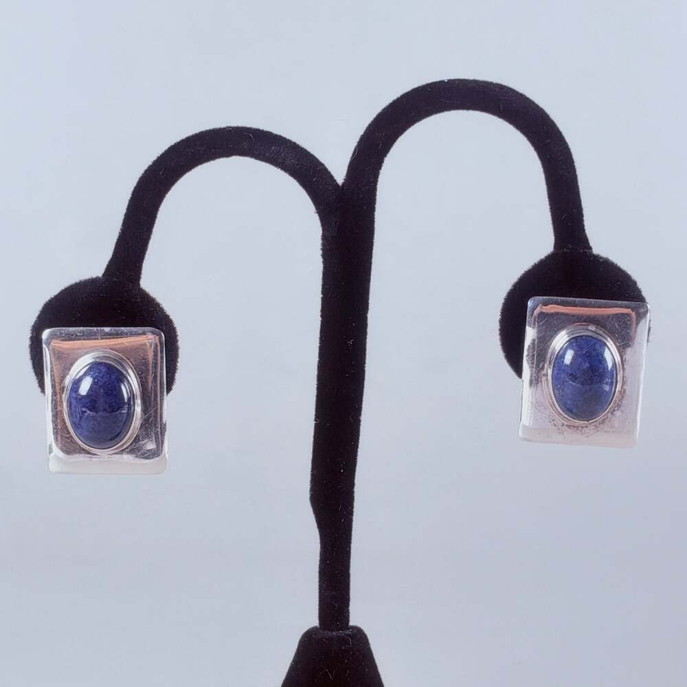 Vintage Signed Artisan Silver Sodalite Clip On Earrings Blue Cabochon Square Mod